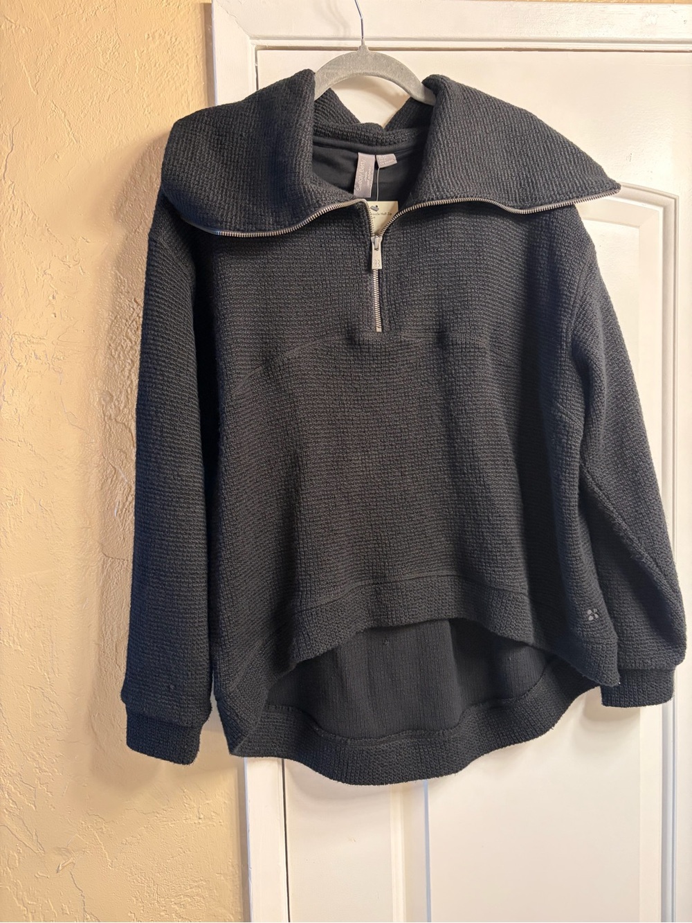 NWT Sweaty Betty cotton black waffle-Knit Quarter-Zip Pullover- size XS